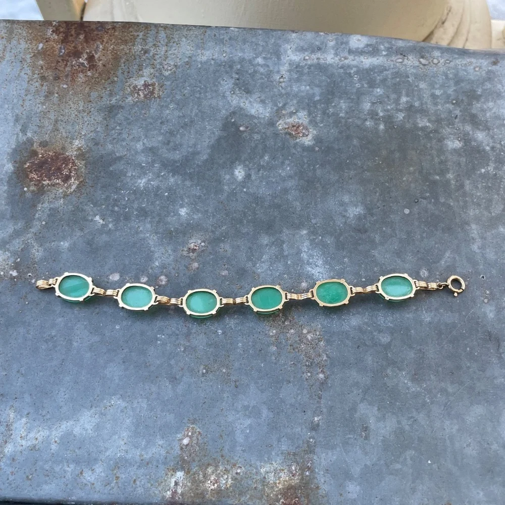Vintage 14k Gold Jade Cabochon 7.5" Bracelet (15.80g) - Picture 5 of 5